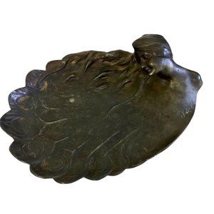 JOAQUIN ANGLES SIGNED ART NOUVEAU BRONZED METAL FIGURAL TRAY W/ PEACOCK FEATHERS